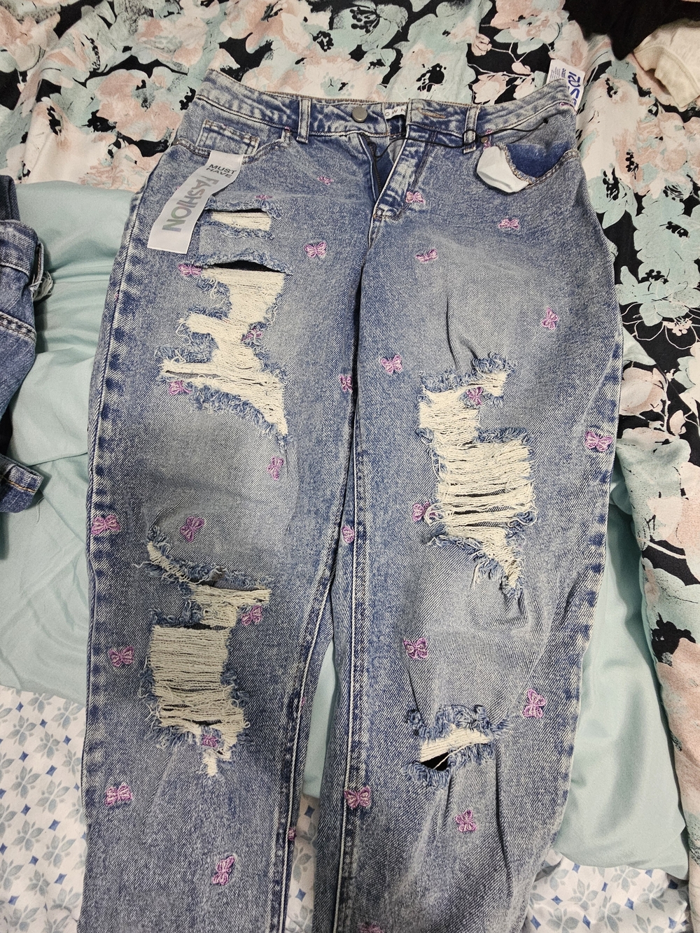 Tinseltown Light Blue Distressed Jeans with Pink Butterfly Embroidery